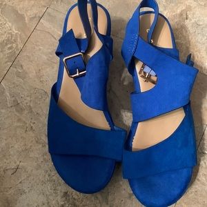 Ladies Blue Suede Look Wedge Heel Sandals